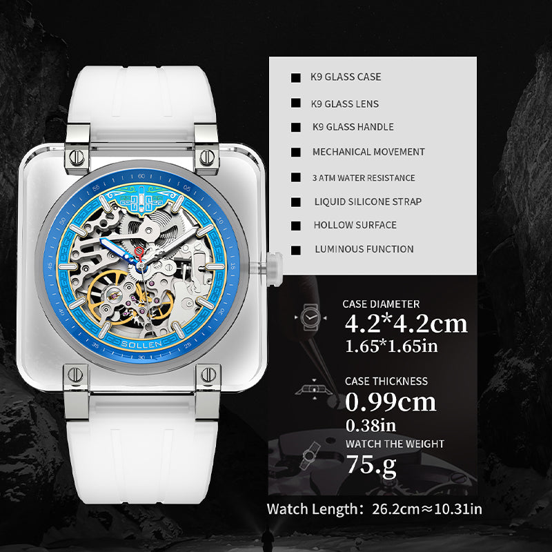 Sollen SL325 Men's Square Skeleton Automatic Mechanical Watch - 42mm Transparent K9 Crystal Case Open Heart Luminous Dial Liquid Silicone Strap Wristwatch