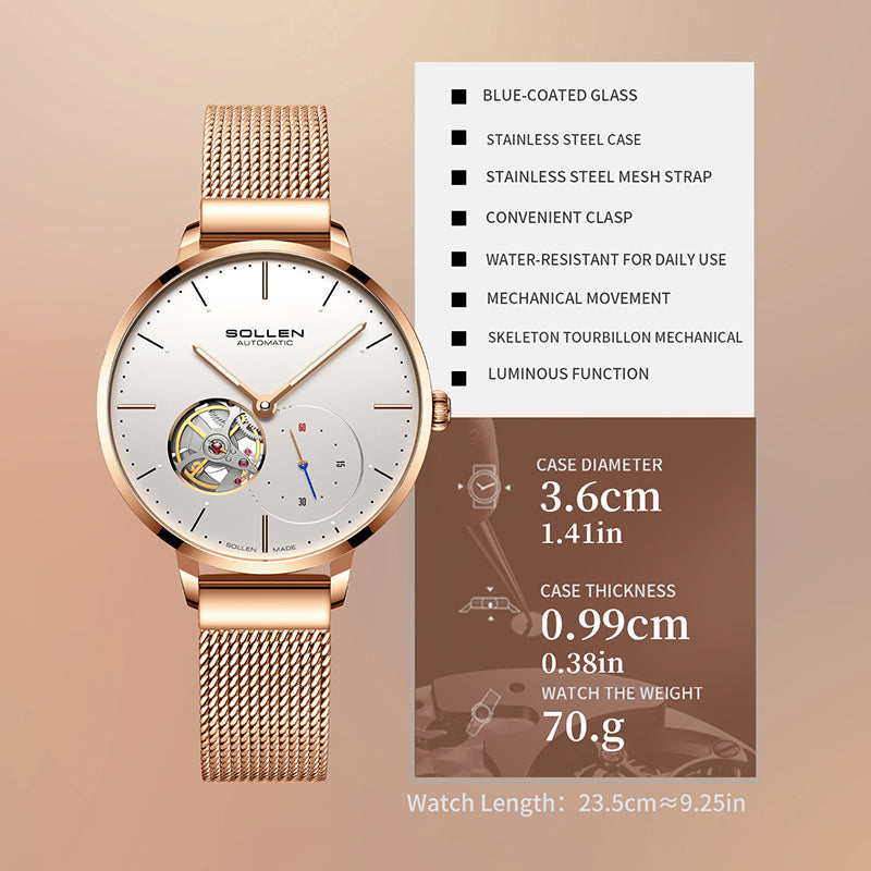 Sollen SL418 Women's Open Heart Automatic Mechanical Watch - 36mm Stainless Steel Case Slim 9.9mm Small Seconds Mesh Bracelet Wristwatch