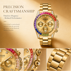 JEMSDUN JSD1838 Live Edition Men's Rainbow Daytona Style Chronograph Quartz Watch - 40mm Gold Case Rainbow Baguette Crystal Bezel Black Dial Metal Band Wristwatch