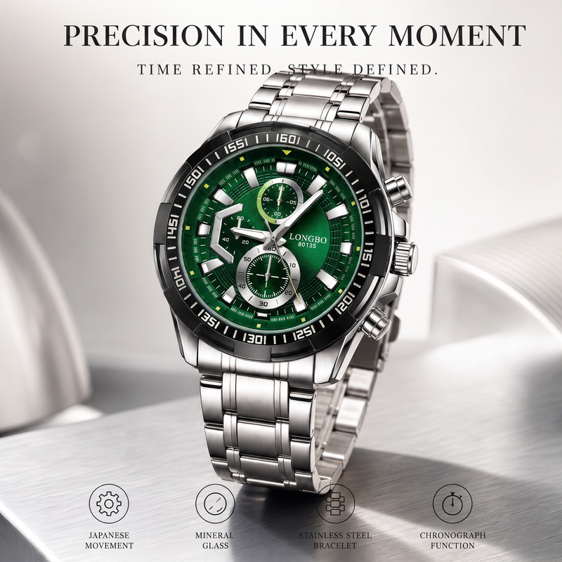 LONGBO LA80135G Live Edition Men's Sport Quartz Watch - 47mm Case Sporty Multi-Subdial Design Stainless Steel Bracelet Wristwatch