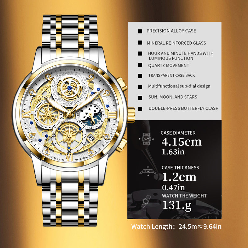 Sollen SL715 Chronograph Watch - Men's Two-Tone Stainless Steel 7-Bead Bracelet Multi-Function Quartz Wristwatch