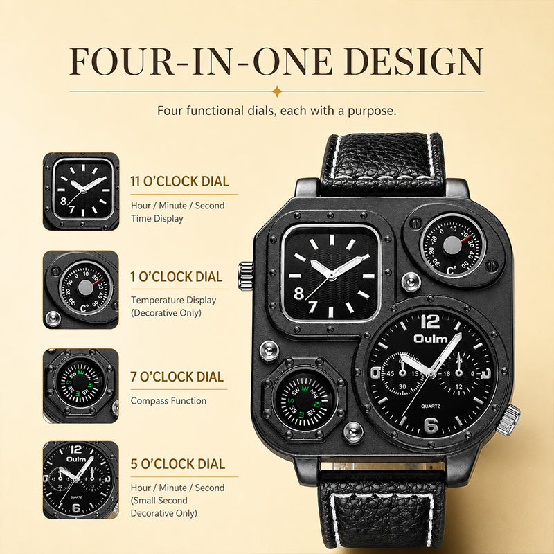 Oulm HP1169 Quartz Watch - Live Edition Men's Heavy Steampunk Dual Time Zone Industrial Black Case Luminous Hands Compass Leather Strap Tactical Wristwatch