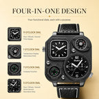 Oulm HP1169 Quartz Watch - Live Edition Men's Heavy Steampunk Dual Time Zone Industrial Black Case Luminous Hands Compass Leather Strap Tactical Wristwatch