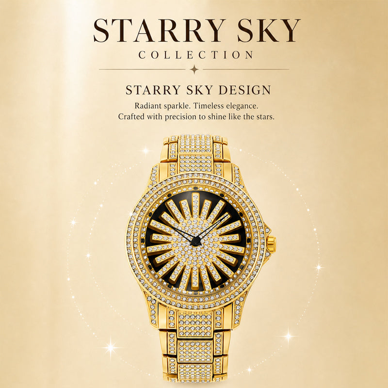 LOOK WORLD RKS1006 Live Edition Men's Iced Out Watch - Luxury Full Crystals Encrusted Bold Case Creative Spinning Sunburst Dial Metal Band Hiphop Wristwatch