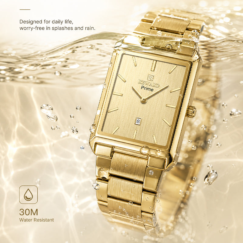REWARD RD 613568M Quartz Watch - Live Edition Men's Classic Square Full IPG Gold Stainless Steel Band Ultra-Slim 8.5mm Case 6H Date Brushed Dial Wristwatch