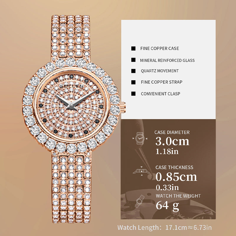 Sollen SL431 Women's Quartz Watch - 30mm Full Pave Crystal Dial Iced Out Bracelet Wristwatch