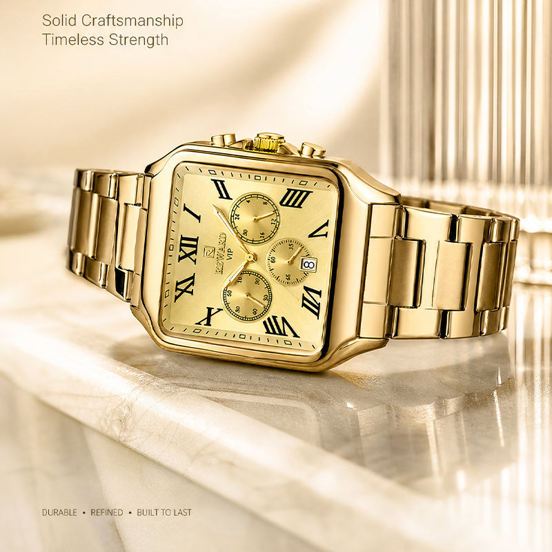 REWARD RD 812265M Quartz Watch - Live Edition Men's Luxury Square Case Full IPG Gold Roman Numerals Chronograph Luminous Hands Date Stainless Steel Band Wristwatch