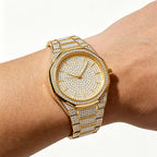 BELBI BELBL-8138 Live Edition Men's Iced Out Watch - Luxury Full Crystals Encrusted Geometric Bezel Pave Gold Dial Metal Band Hiphop Wristwatch