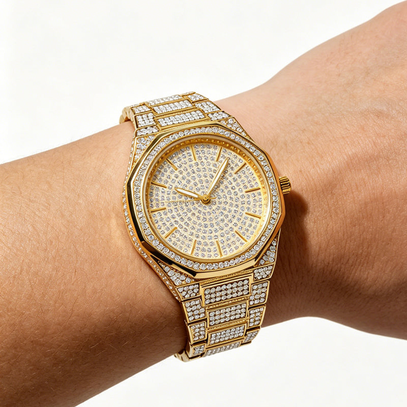 BELBI BELBL-8138 Live Edition Men's Iced Out Watch - Luxury Full Crystals Encrusted Geometric Bezel Pave Gold Dial Metal Band Hiphop Wristwatch