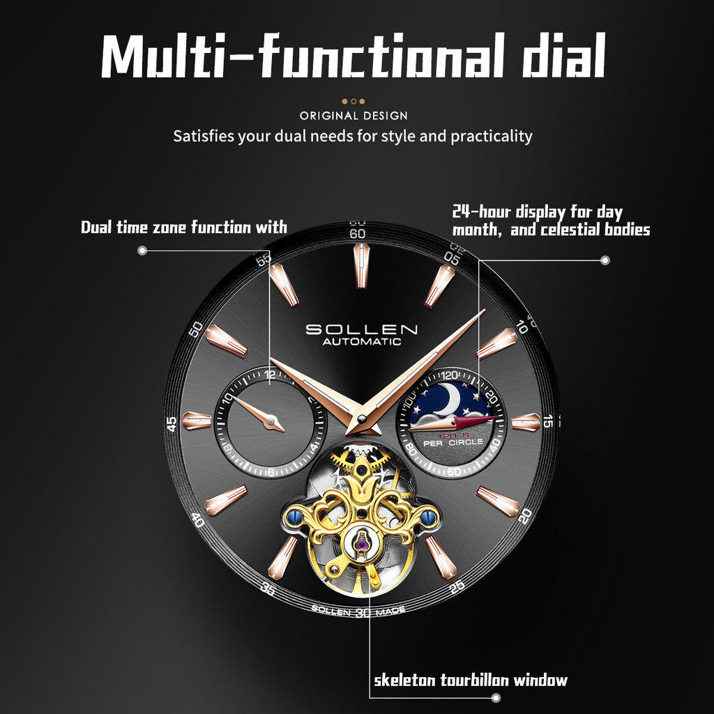 Sollen SL306 Men's Open Heart Automatic Mechanical Watch - 41mm Stainless Steel Case Moon Phase Dual Time Luminous Dial Wristwatch