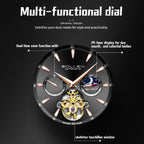 Sollen SL306 Men's Open Heart Automatic Mechanical Watch - 41mm Stainless Steel Case Moon Phase Dual Time Luminous Dial Wristwatch