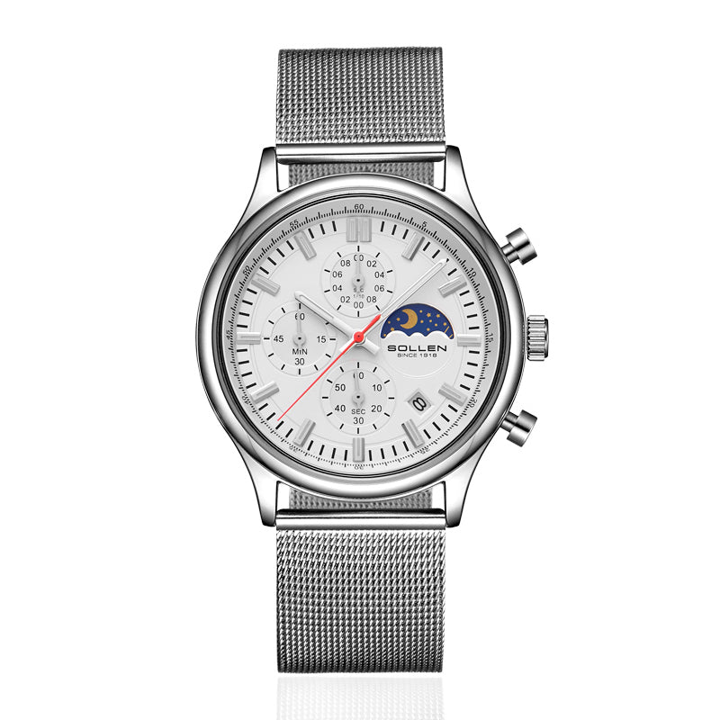 Sollen SL702 Quartz Watch - Men's Multi-Function Chronograph Moonphase Wristwatch