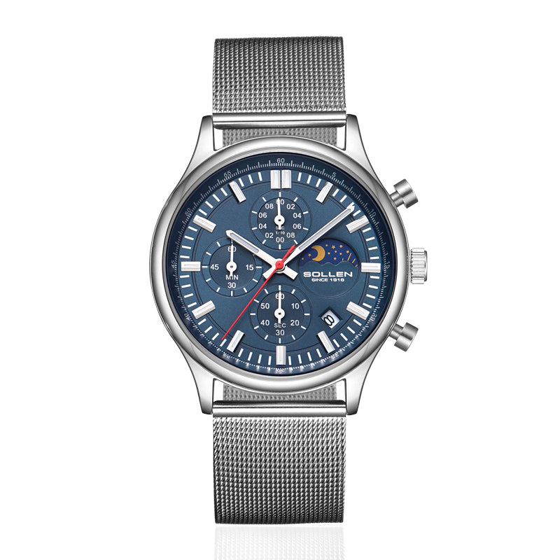 Sollen SL702 Quartz Watch - Men's Multi-Function Chronograph Moonphase Wristwatch
