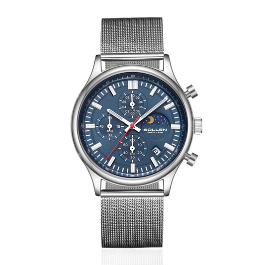 Sollen SL702 Quartz Watch - Men's Multi-Function Chronograph Moonphase Wristwatch