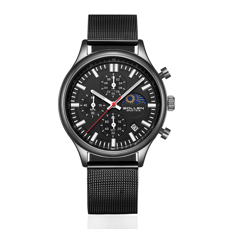 Sollen SL702 Quartz Watch - Men's Multi-Function Chronograph Moonphase Wristwatch