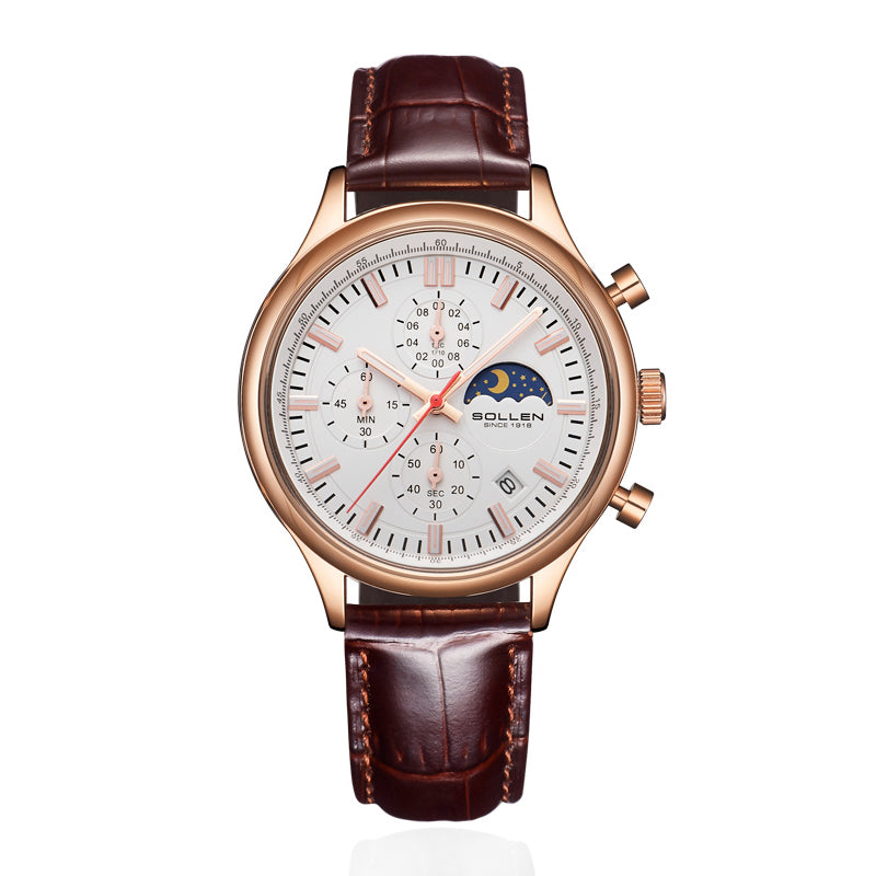 Sollen SL702 Quartz Watch - Men's Multi-Function Chronograph Moonphase Wristwatch