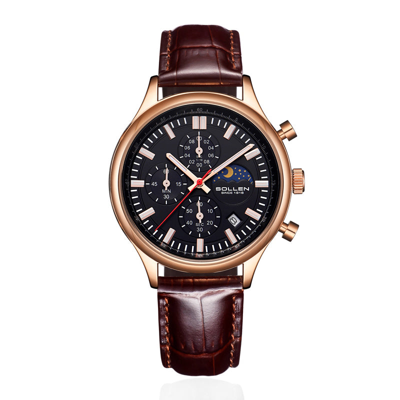 Sollen SL702 Quartz Watch - Men's Multi-Function Chronograph Moonphase Wristwatch