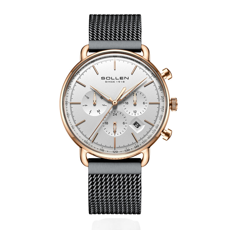 Sollen SL705 Quartz Watch - Men's Multi-Function Dual-Time Domed Glass Stainless Steel Mesh Band Wristwatch