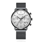 Sollen SL705 Quartz Watch - Men's Multi-Function Dual-Time Domed Glass Stainless Steel Mesh Band Wristwatch