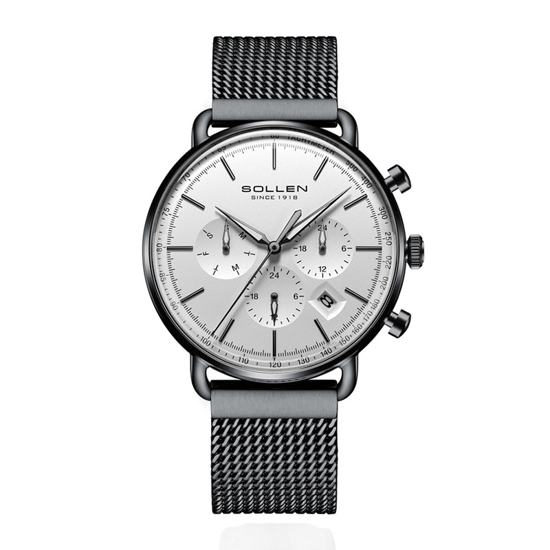 Sollen SL705 Quartz Watch - Men's Multi-Function Dual-Time Domed Glass Stainless Steel Mesh Band Wristwatch