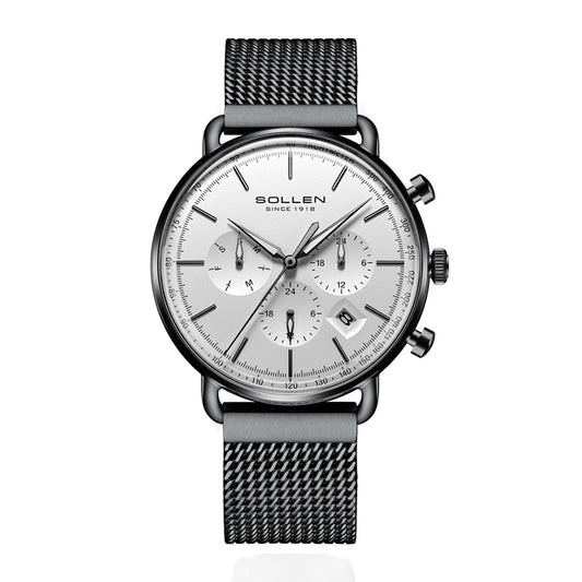 Sollen SL705 Quartz Watch - Men's Multi-Function Dual-Time Domed Glass Stainless Steel Mesh Band Wristwatch