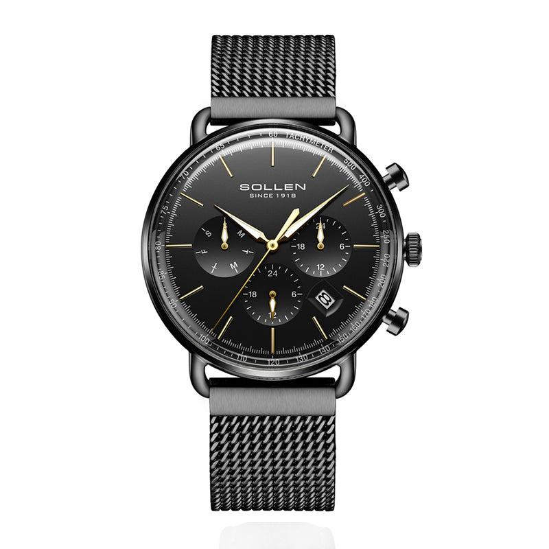 Sollen SL705 Quartz Watch - Men's Multi-Function Dual-Time Domed Glass Stainless Steel Mesh Band Wristwatch