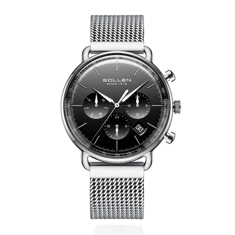 Sollen SL705 Quartz Watch - Men's Multi-Function Dual-Time Domed Glass Stainless Steel Mesh Band Wristwatch
