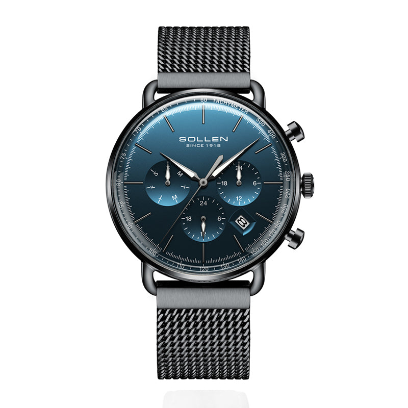 Sollen SL705 Quartz Watch - Men's Multi-Function Dual-Time Domed Glass Stainless Steel Mesh Band Wristwatch