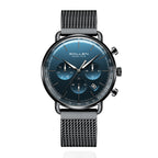 Sollen SL705 Quartz Watch - Men's Multi-Function Dual-Time Domed Glass Stainless Steel Mesh Band Wristwatch