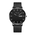 Sollen SL706 Quartz Watch - Men's Day-Date Calendar Ultra-Slim Stainless Steel Mesh Band Wristwatch