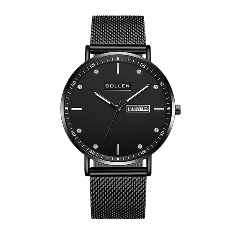 Sollen SL706 Quartz Watch - Men's Day-Date Calendar Ultra-Slim Stainless Steel Mesh Band Wristwatch