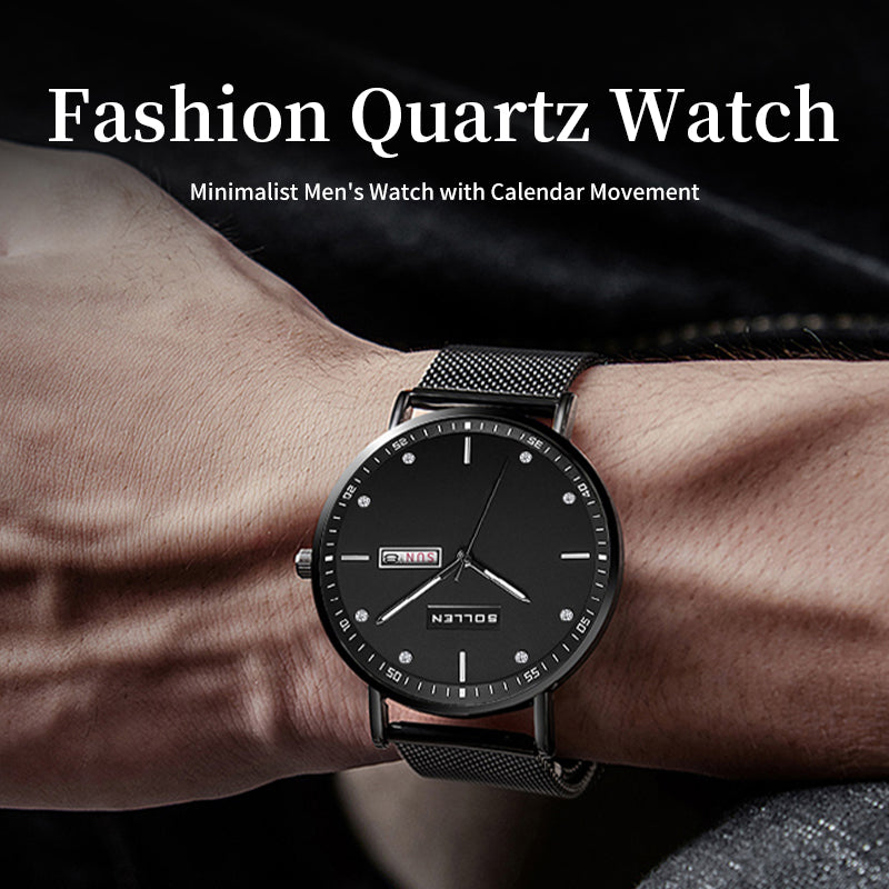 Sollen SL706 Quartz Watch - Men's Day-Date Calendar Ultra-Slim Stainless Steel Mesh Band Wristwatch