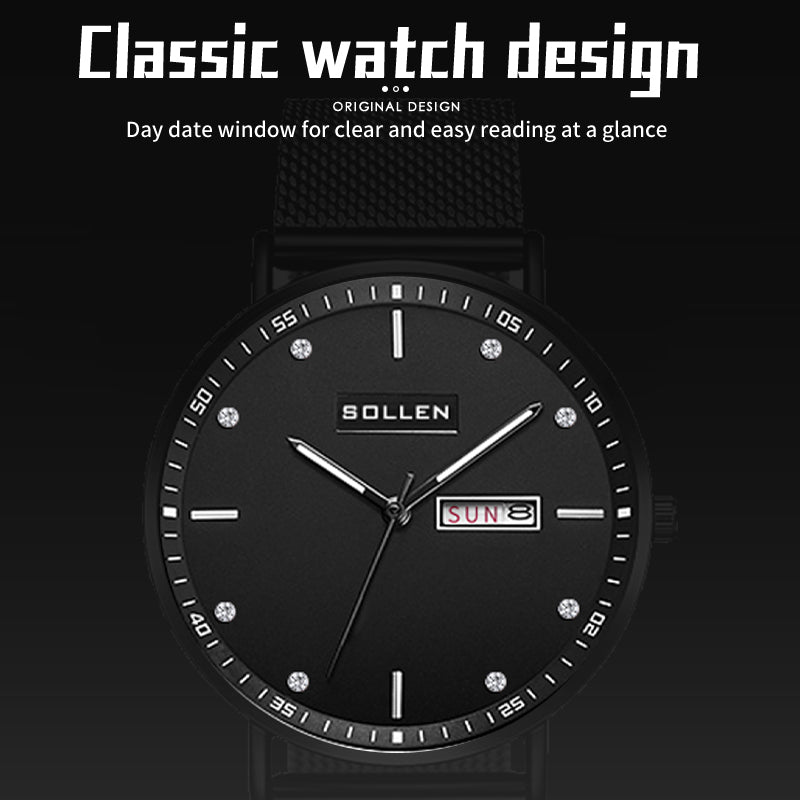 Sollen SL706 Quartz Watch - Men's Day-Date Calendar Ultra-Slim Stainless Steel Mesh Band Wristwatch