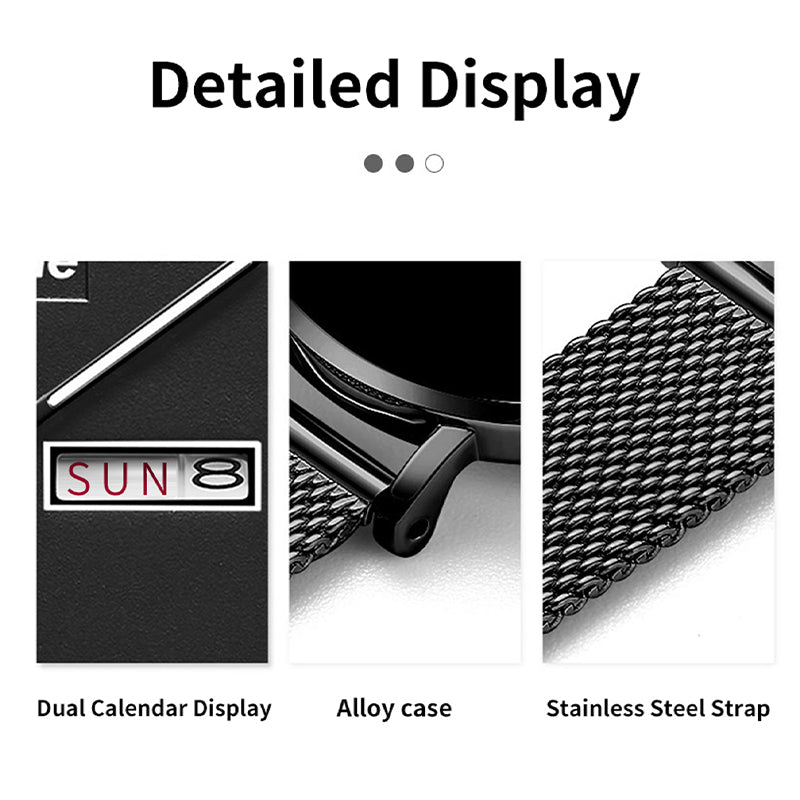 Sollen SL706 Quartz Watch - Men's Day-Date Calendar Ultra-Slim Stainless Steel Mesh Band Wristwatch
