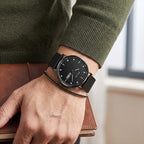 Sollen SL706 Quartz Watch - Men's Day-Date Calendar Ultra-Slim Stainless Steel Mesh Band Wristwatch