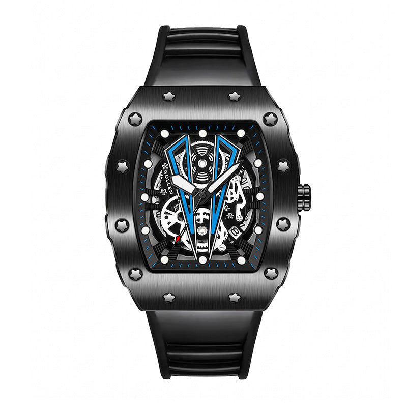 Sollen SL708 Quartz Watch - Men's Tonneau Case Date Display Sport Silicone Strap Wristwatch