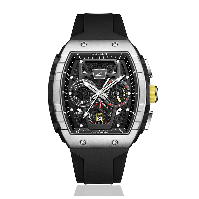 Sollen SL709 Chronograph Watch - Men's Tonneau Multi-Layer Dial Performance Silicone Strap Wristwatch