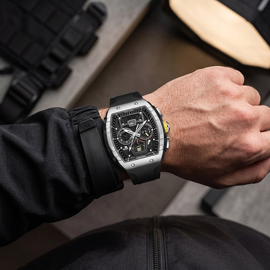 Sollen SL709 Chronograph Watch - Men's Tonneau Multi-Layer Dial Performance Silicone Strap Wristwatch