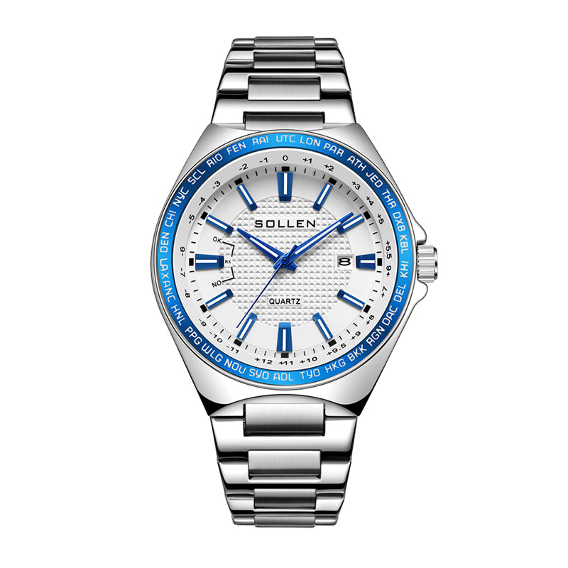 Sollen SL710 Quartz Watch - Men's World-Time Bezel Stainless Steel 3-Bead Bracelet Wristwatch