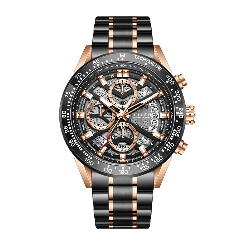 Sollen SL711 Chronograph Watch - Men's Two-Tone Stainless Steel Link Bracelet Open-Worked Seiko VD57 Wristwatch