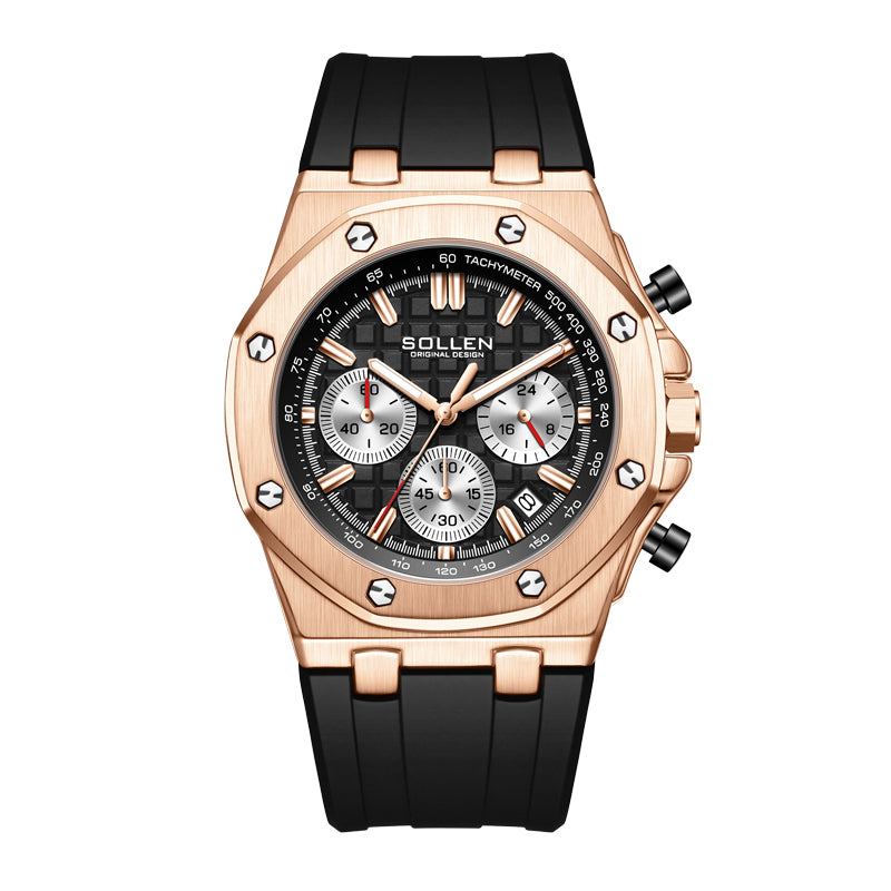 Sollen SL712 Chronograph Watch - Men's Rose Gold Case Multi-Function Dial Performance Silicone Strap Wristwatch
