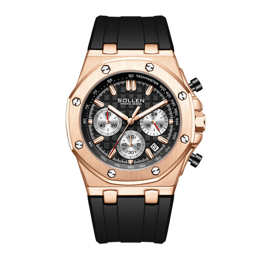 Sollen SL712 Chronograph Watch - Men's Rose Gold Case Multi-Function Dial Performance Silicone Strap Wristwatch