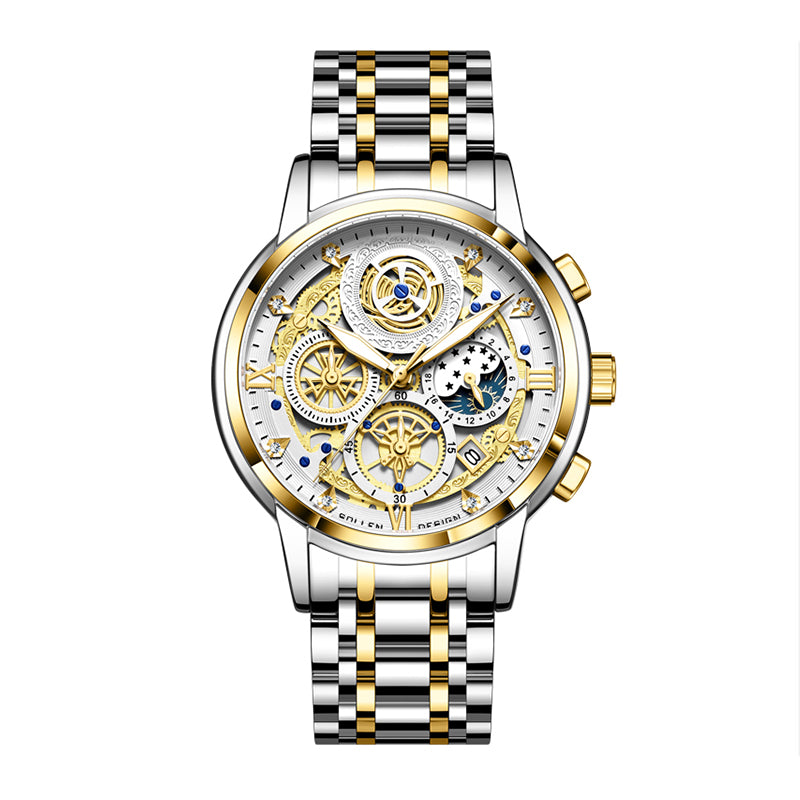 Sollen SL715 Chronograph Watch - Men's Two-Tone Stainless Steel 7-Bead Bracelet Multi-Function Quartz Wristwatch