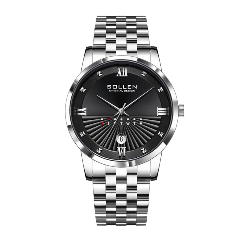 Sollen SL716 Quartz Watch - Men's Classic Stainless Steel 3-Bead Bracelet Day-Date Display Wristwatch