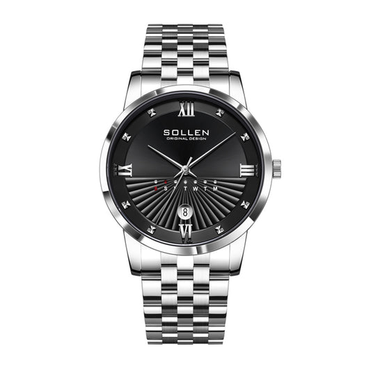 Sollen SL716 Quartz Watch - Men's Classic Stainless Steel 3-Bead Bracelet Day-Date Display Wristwatch
