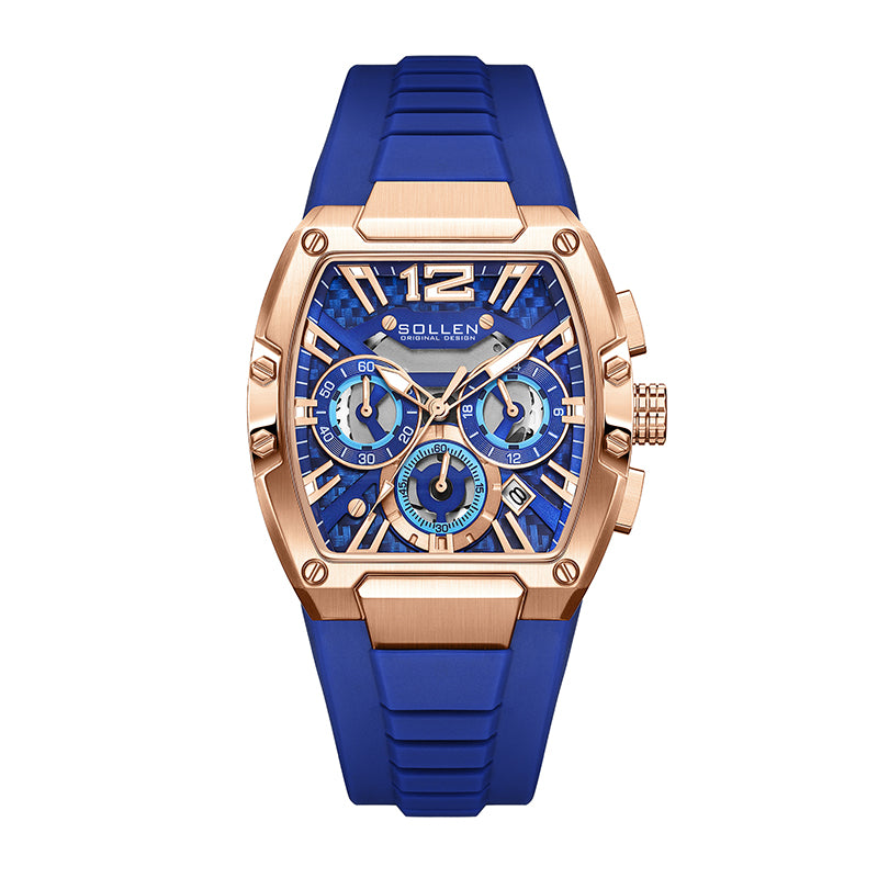 Sollen SL719 Chronograph Watch - Men's Rose Gold Tone Tonneau Case Performance Silicone Strap Wristwatch