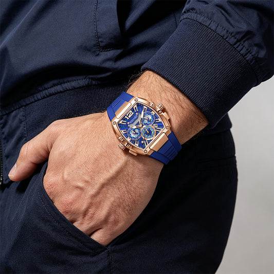Sollen SL719 Chronograph Watch - Men's Rose Gold Tone Tonneau Case Performance Silicone Strap Wristwatch
