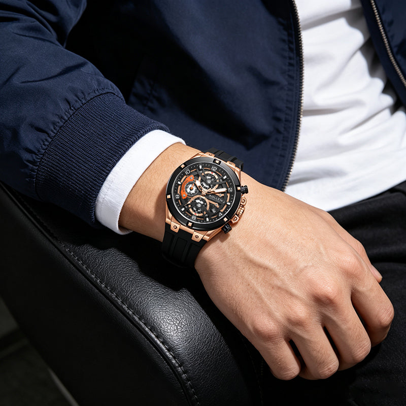 Sollen SL720 Chronograph Watch - Men's Multi-Function Textured Dial Performance Silicone Strap Wristwatch