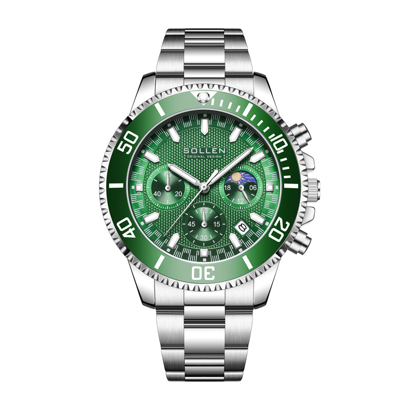 Sollen SL721 Chronograph Watch - Men's Multi-Function Moonphase Stainless Steel 3-Bead Bracelet Wristwatch