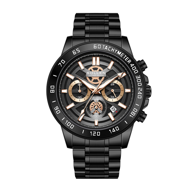 Sollen SL722 Chronograph Watch - Men's All-Black Case Multi-Function Stainless Steel Link Bracelet Wristwatch